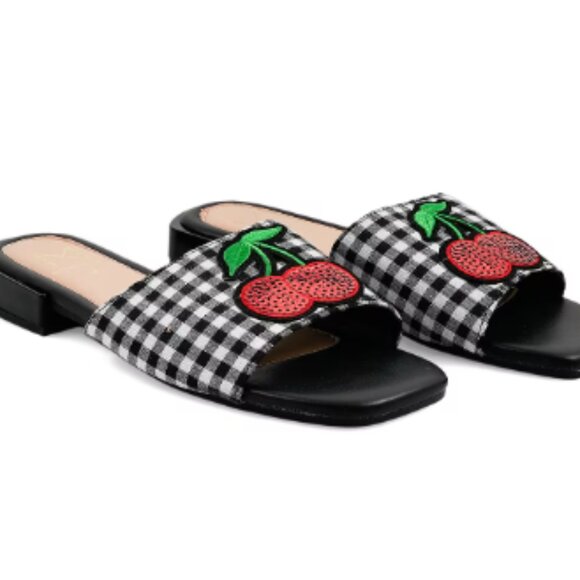 Gingham & Red Cherry Slide Sandals - Size 7 - Picture 1 of 2